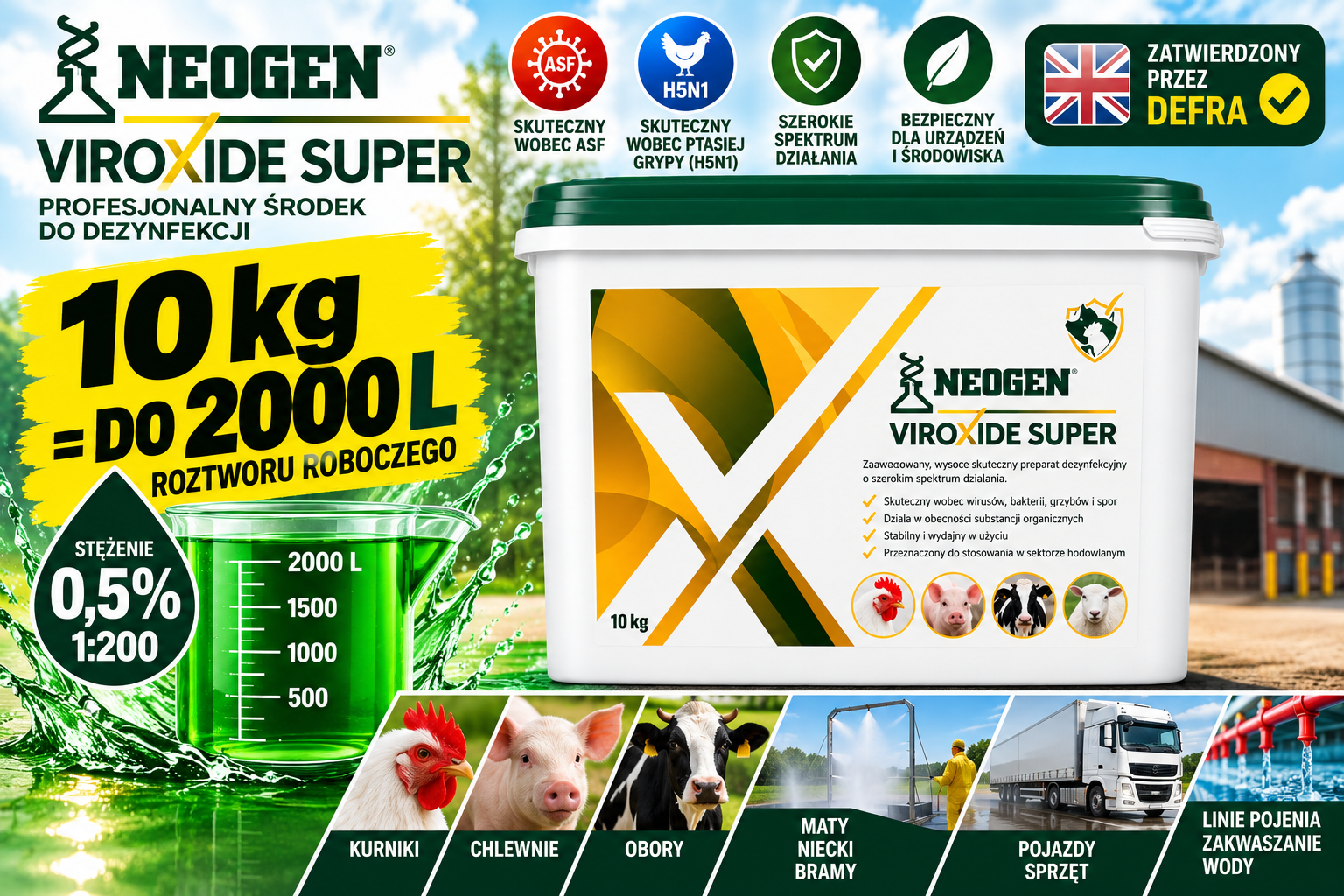 Viroxide Super 10 kg – profesjonalny preparat do dezynfekcji i bioasekuracji DEFRA | EPA | URPL | H5N1 – 1 MINUTA | 1:200 (0,5%) - obrazek 2